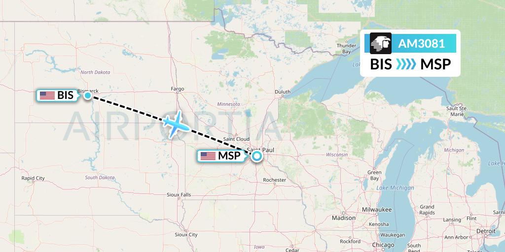 AM3081 Aeromexico Flight Map: Bismarck to Minneapolis