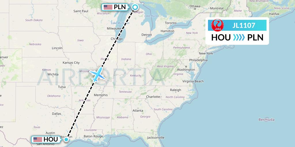 JL1107 Japan Airlines Flight Map: Houston to Pellston