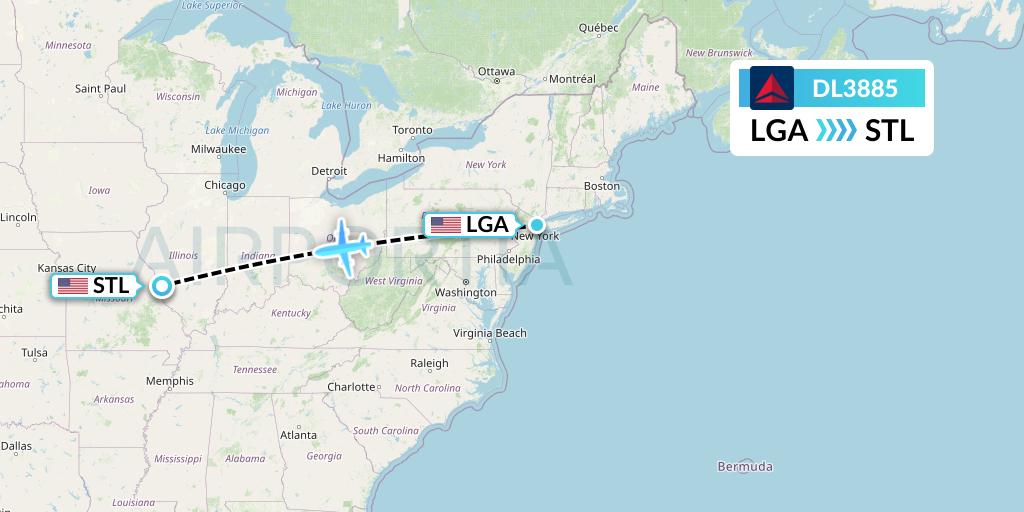 DL3885 Delta Air Lines Flight Map: New York to St. Louis