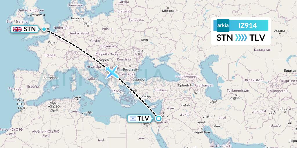 IZ914 Arkia Israeli Airlines Flight Map: London to Tel Aviv