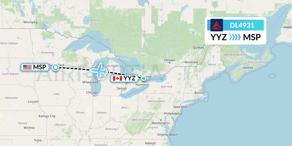 DL4931 Delta Air Lines Flight Map: Toronto to Minneapolis