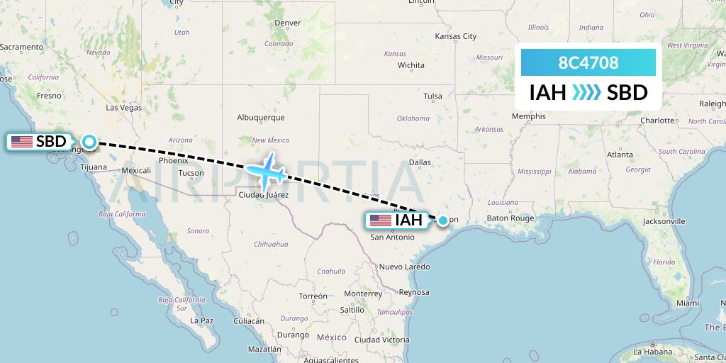 8C4708 Air Transport International Flight Map: Houston to San Bernardino