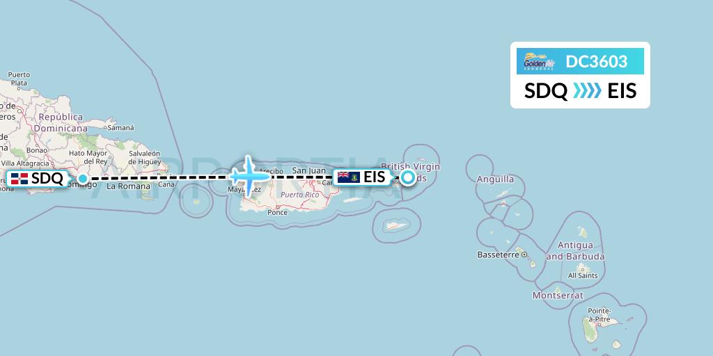 DC3603 Braathens Regional Flight Map: Santo Domingo to Beef Island