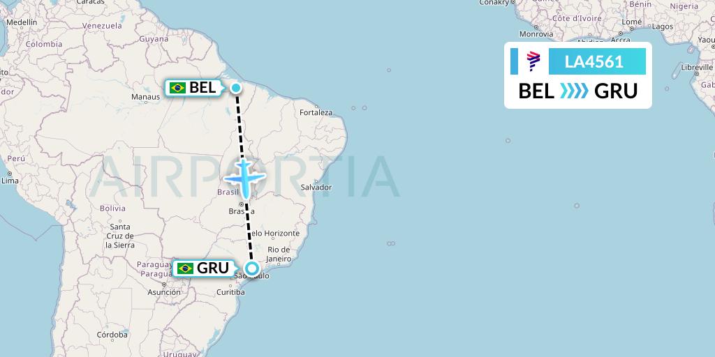 LA4561 LAN Airlines Flight Map: Belem to Sao Paulo