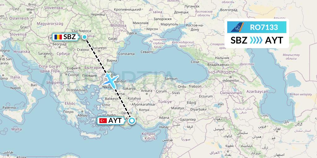 RO7133 Tarom Flight Map: Sibiu to Antalya