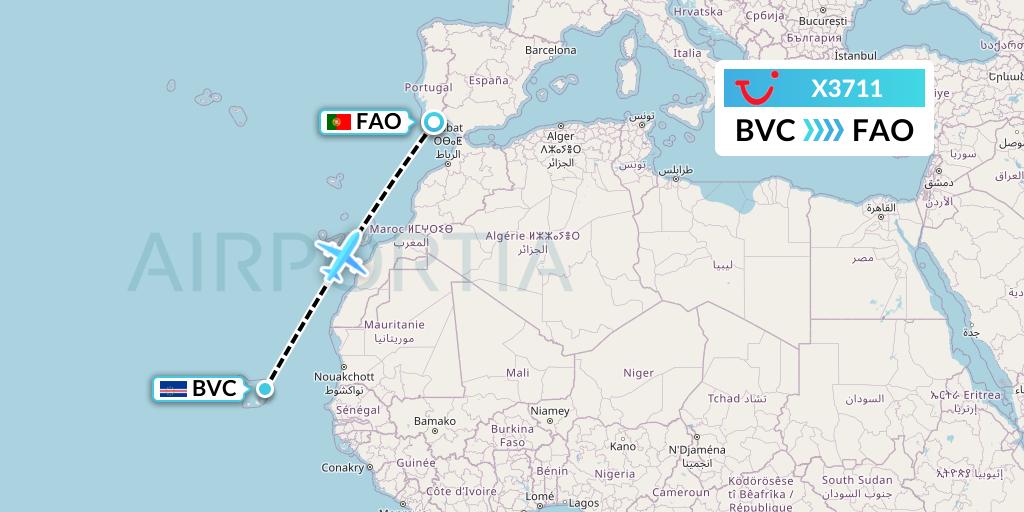X3711 TUI fly Germany Flight Map: Boa Vista to Faro