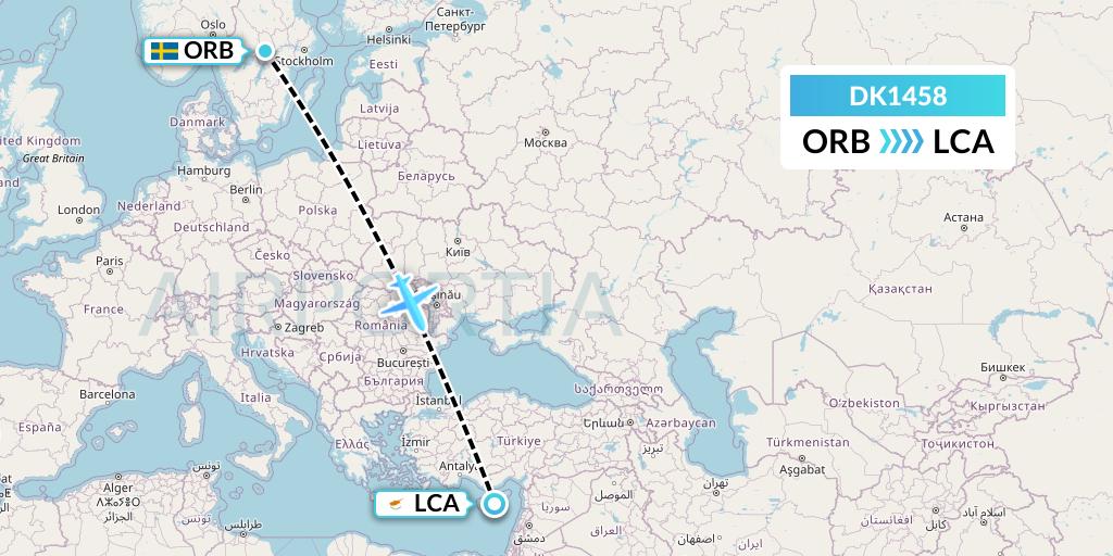 DK1458 Thomas Cook Airlines Scandinavia Flight Map: Orebro to Larnaca