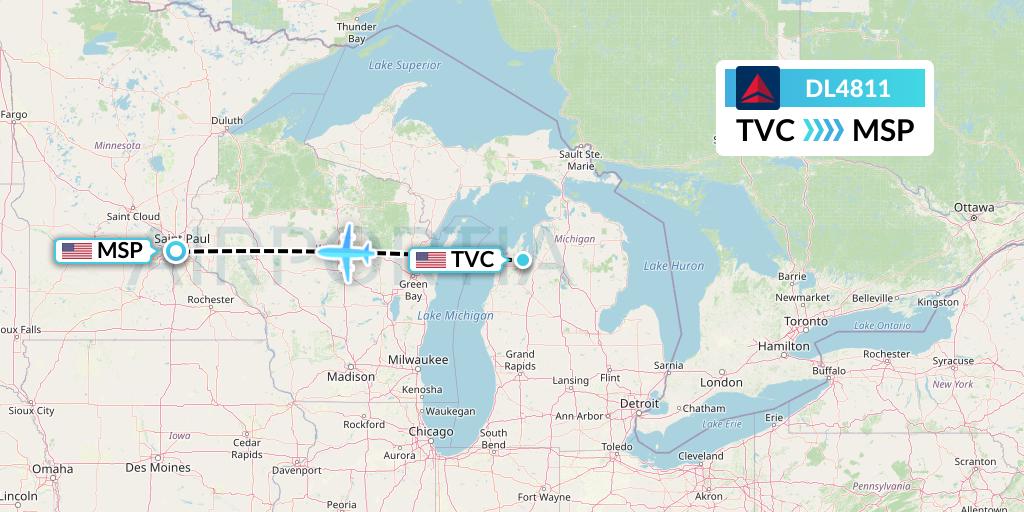 DL4811 Delta Air Lines Flight Map: Traverse City to Minneapolis
