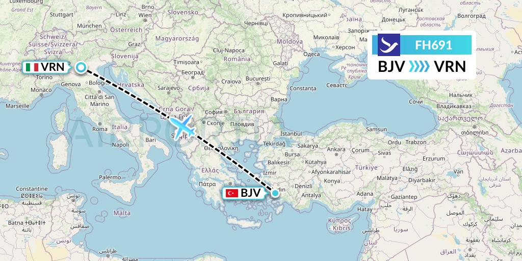 FH691 Freebird Airlines Flight Map: Bodrum to Verona