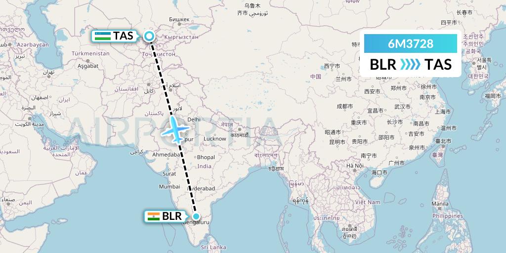 6M3728 Air Minas Flight Map: Bangalore to Tashkent