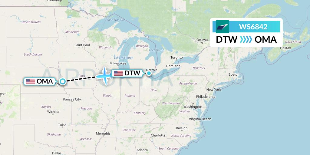 WS6842 WestJet Flight Map: Detroit to Omaha