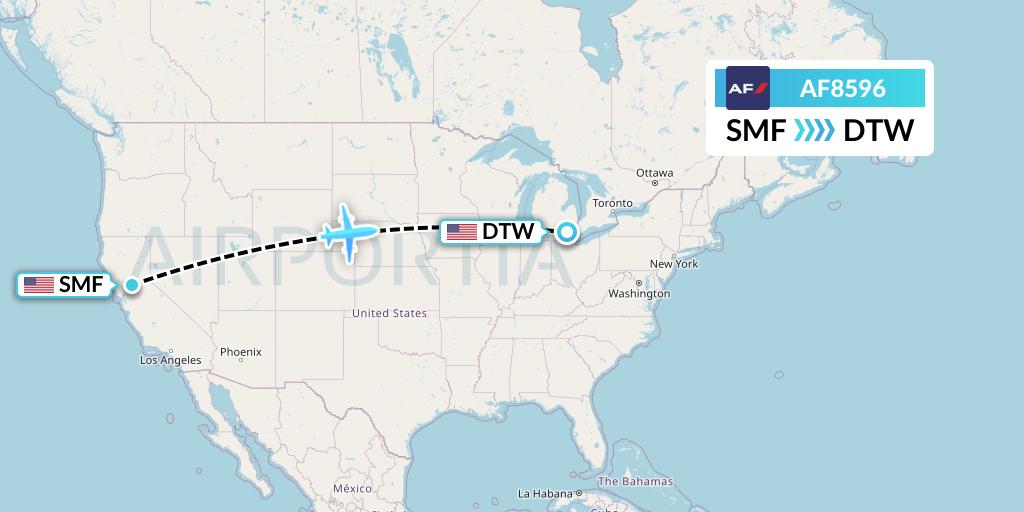 AF8596 Air France Flight Map: Sacramento to Detroit