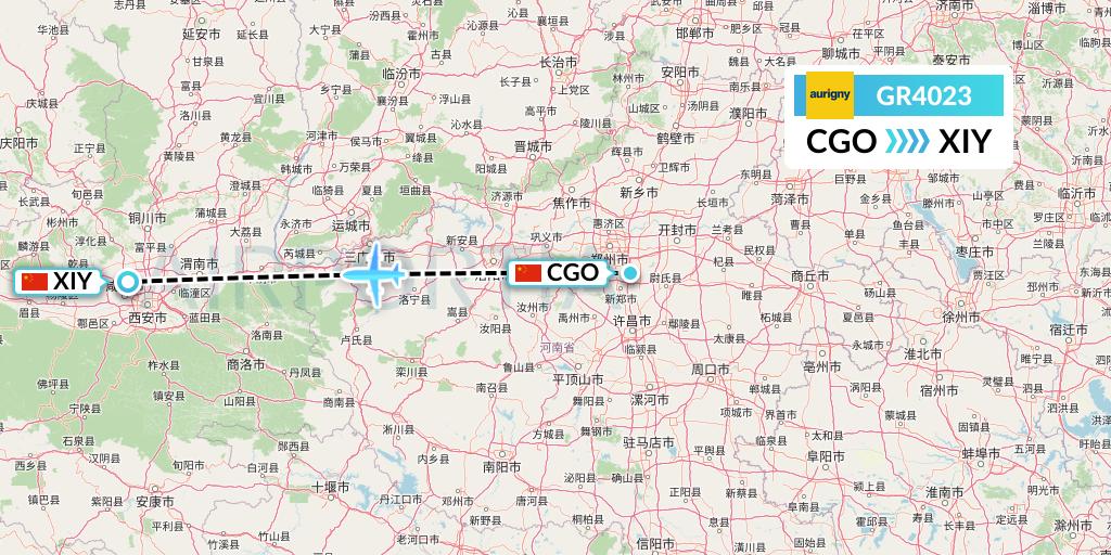 GR4023 Aurigny Air Services Flight Map: Zhengzhou to Xi'an