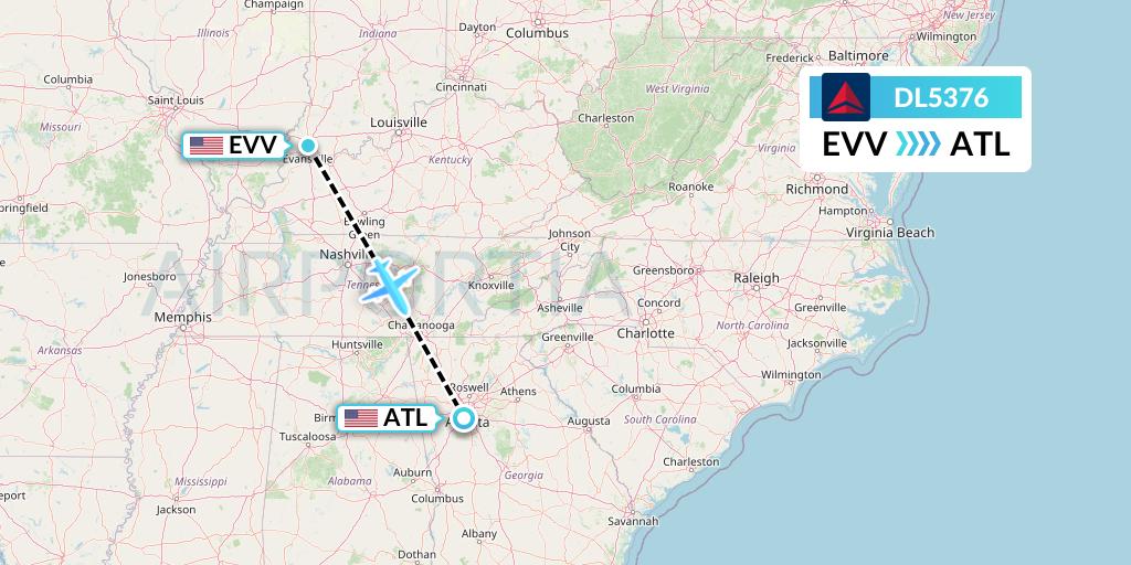 DL5376 Delta Air Lines Flight Map: Evansville to Atlanta