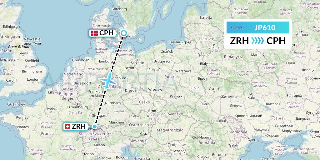 JP610 Adria Airways Flight Map: Zurich to Copenhagen