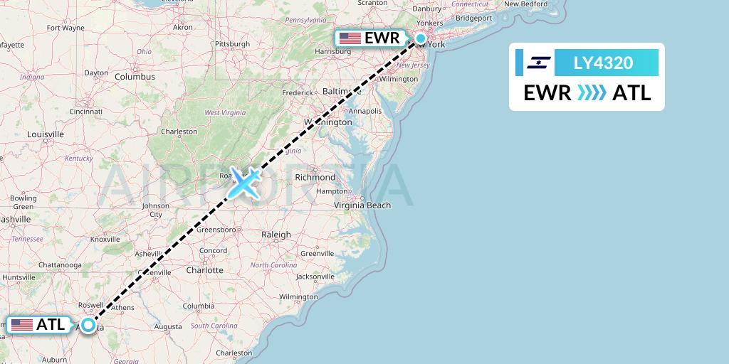 LY4320 El Al Flight Map: New York to Atlanta