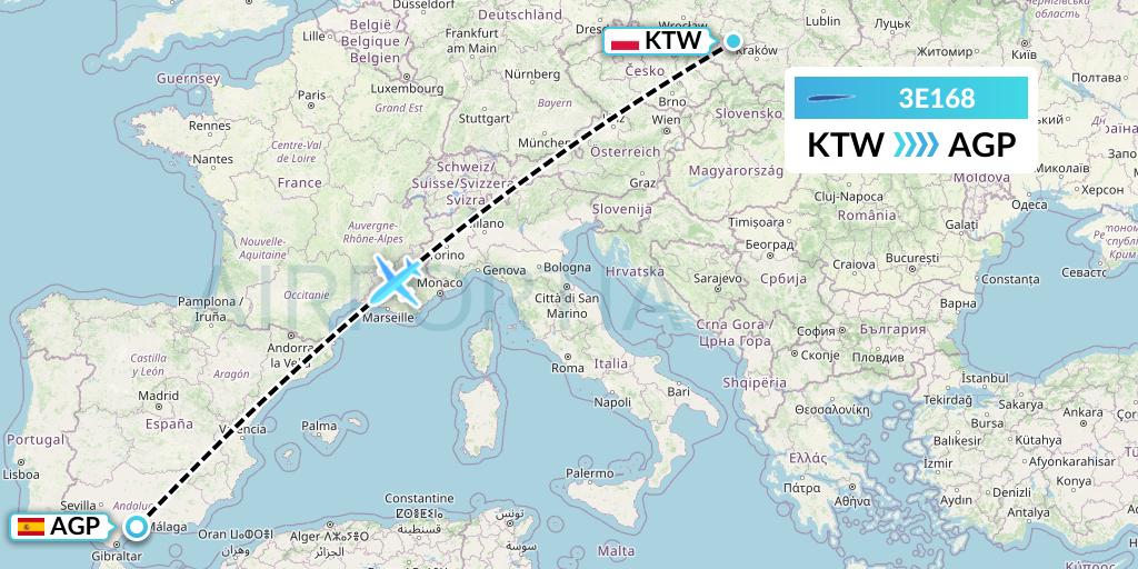 3E168 Air Choice One Flight Map: Katowice to Malaga