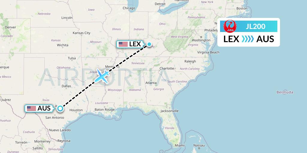 JL200 Japan Airlines Flight Map: Lexington to Austin