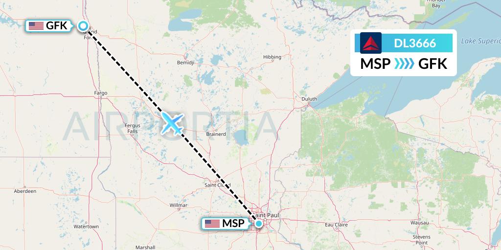 DL3666 Delta Air Lines Flight Map: Minneapolis to Grand Forks