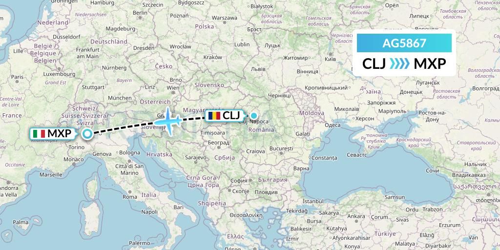 AG5867 Aruba Airlines Flight Map: Cluj-Napoca to Milan