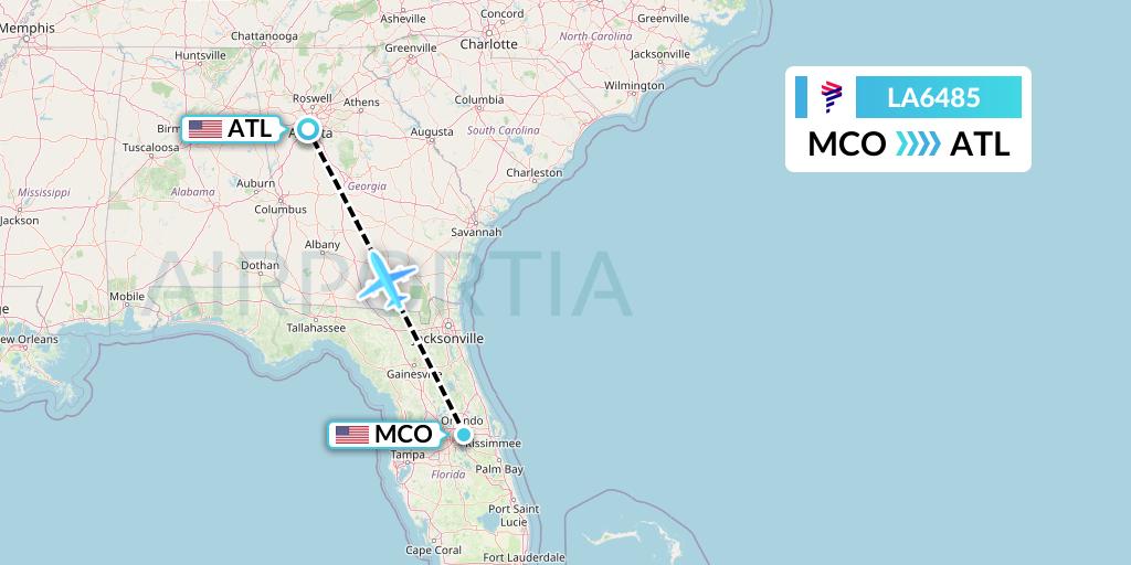 LA6485 LAN Airlines Flight Map: Orlando to Atlanta