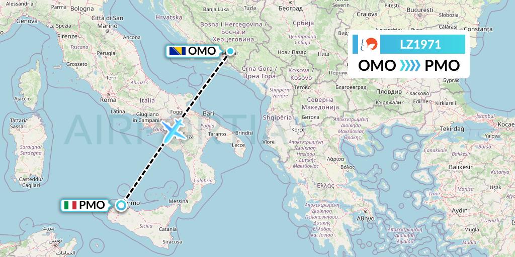 LZ1971 Air Link Flight Map: Mostar to Palermo