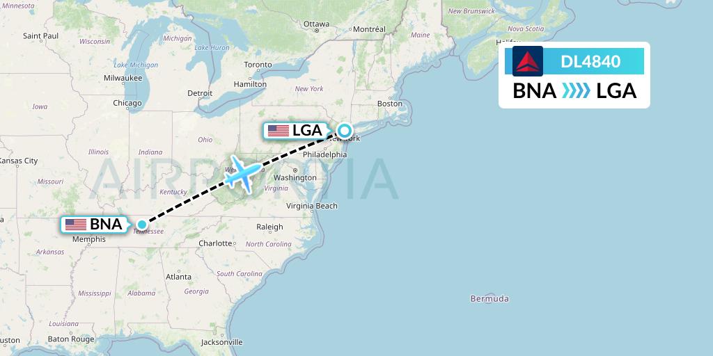 DL4840 Delta Air Lines Flight Map: Nashville to New York