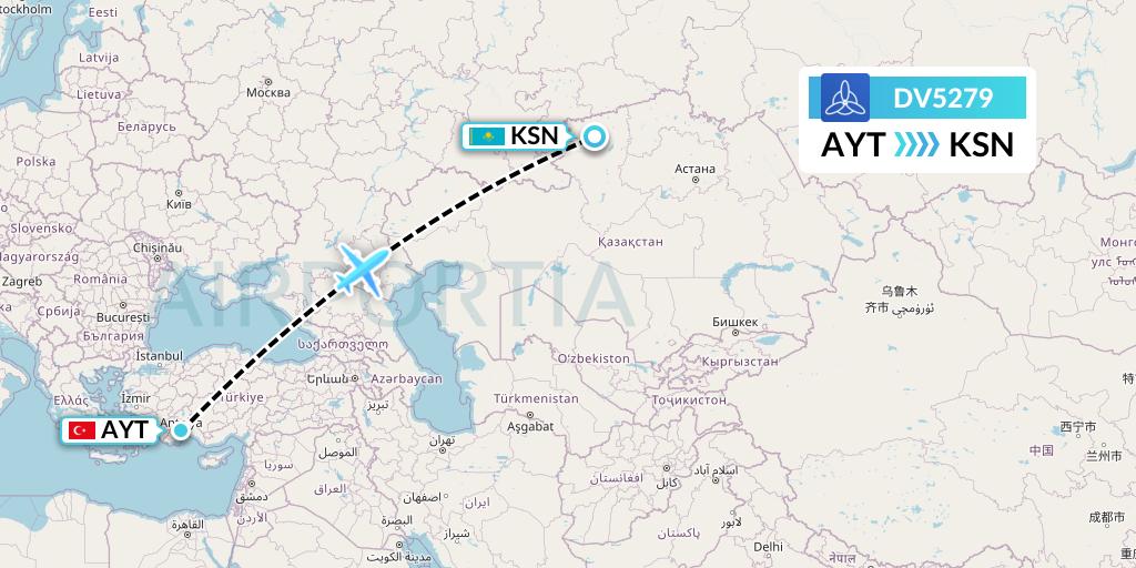 DV5279 SCAT Flight Map: Antalya to Kostanay