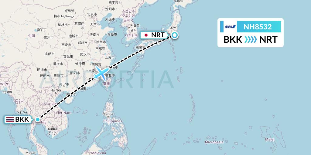 NH8532 All Nippon Airways Flight Map: Bangkok to Tokyo