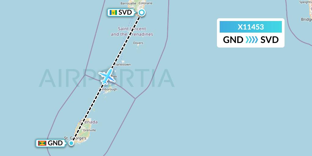X11453 Nik Airways Flight Map: Point Salines to Kingstown