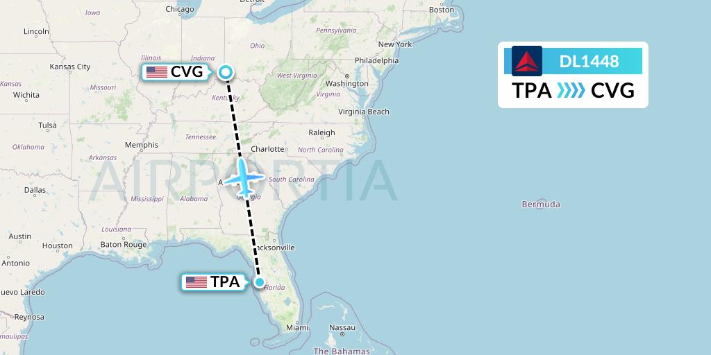 DL1448 Delta Air Lines Flight Map: Tampa to Cincinnati