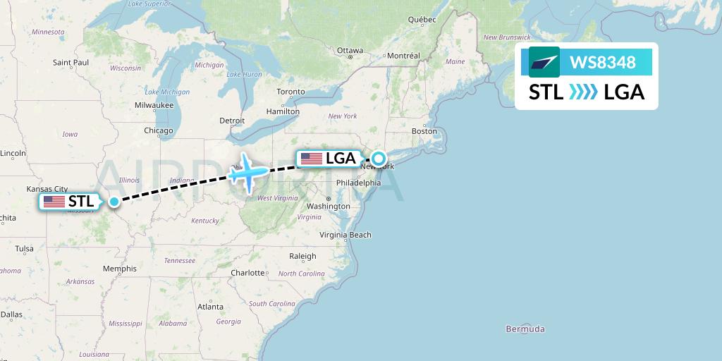 WS8348 WestJet Flight Map: St. Louis to New York