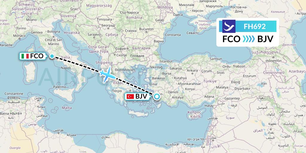 FH692 Freebird Airlines Flight Map: Rome to Bodrum