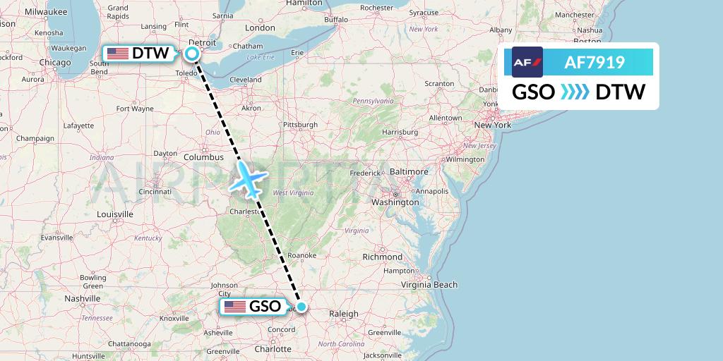 AF7919 Air France Flight Map: Greensboro to Detroit
