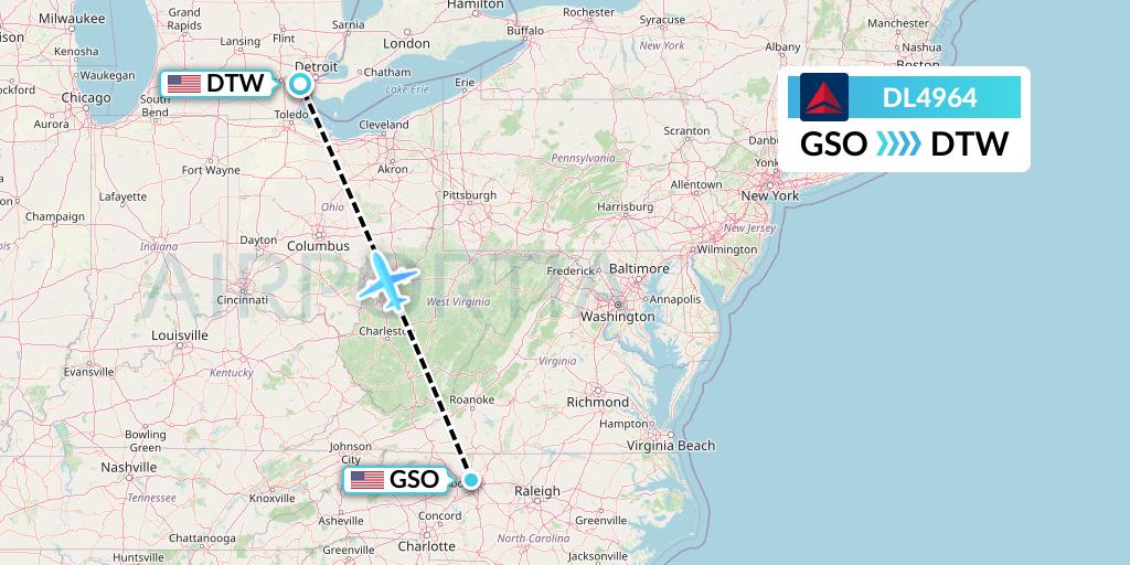 DL4964 Delta Air Lines Flight Map: Greensboro to Detroit