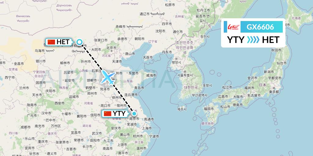 GX6606 GX Airlines Flight Map: Yangzhou to Hohhot