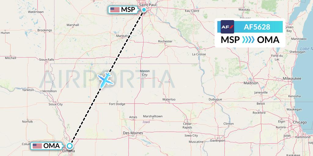 AF5628 Air France Flight Map: Minneapolis to Omaha