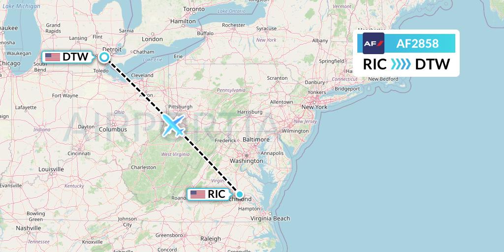 AF2858 Air France Flight Map: Richmond to Detroit