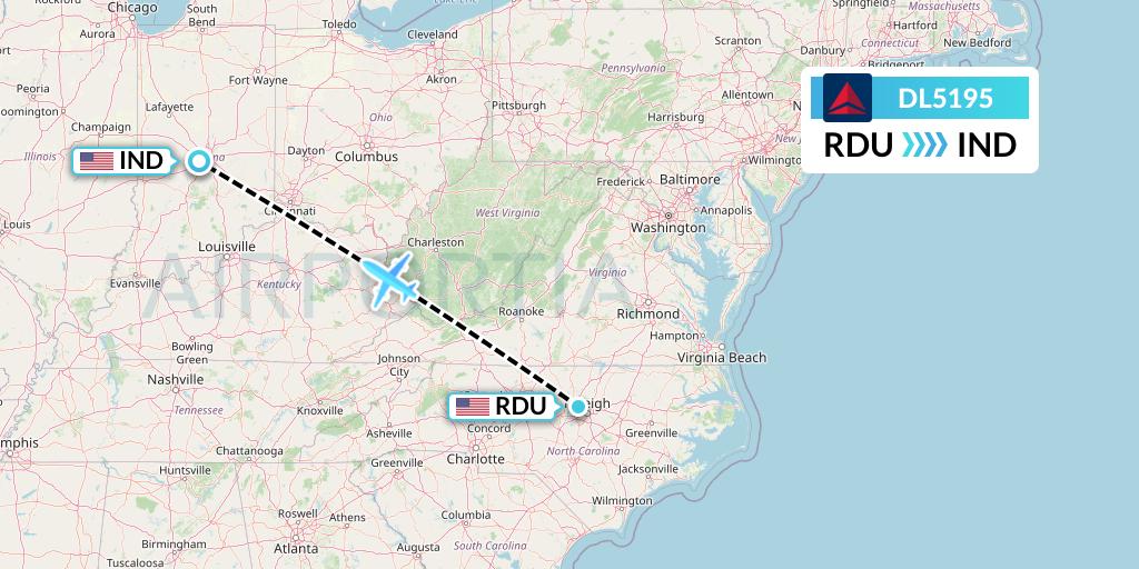 DL5195 Delta Air Lines Flight Map: Raleigh-Durham to Indianapolis