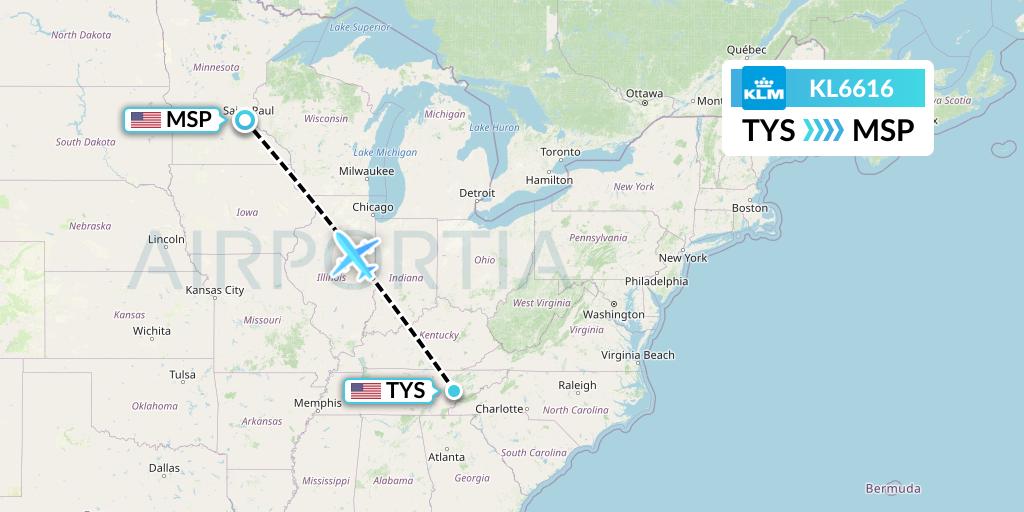 KL6616 KLM Flight Map: Knoxville to Minneapolis
