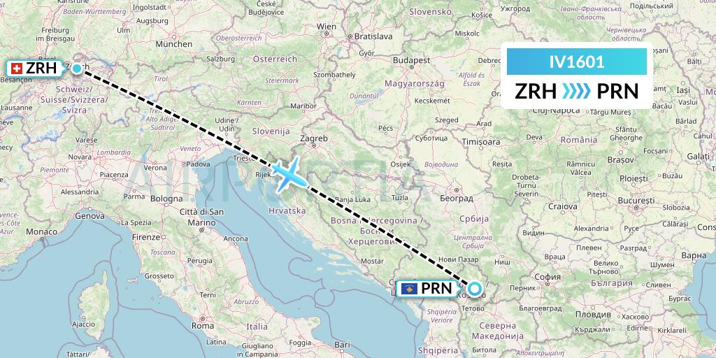 IV1601 VVB Aviation Malta Flight Map: Zurich to Pristina