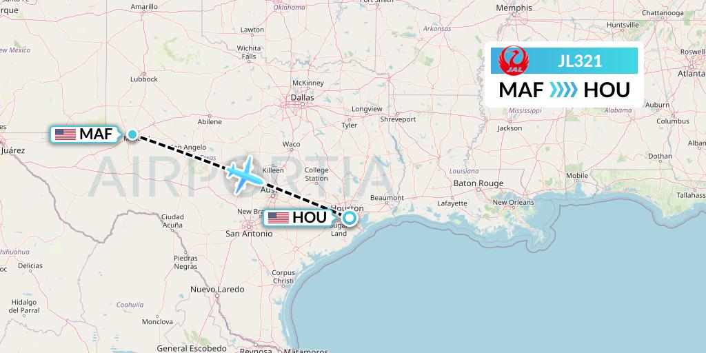 JL321 Japan Airlines Flight Map: Midland to Houston