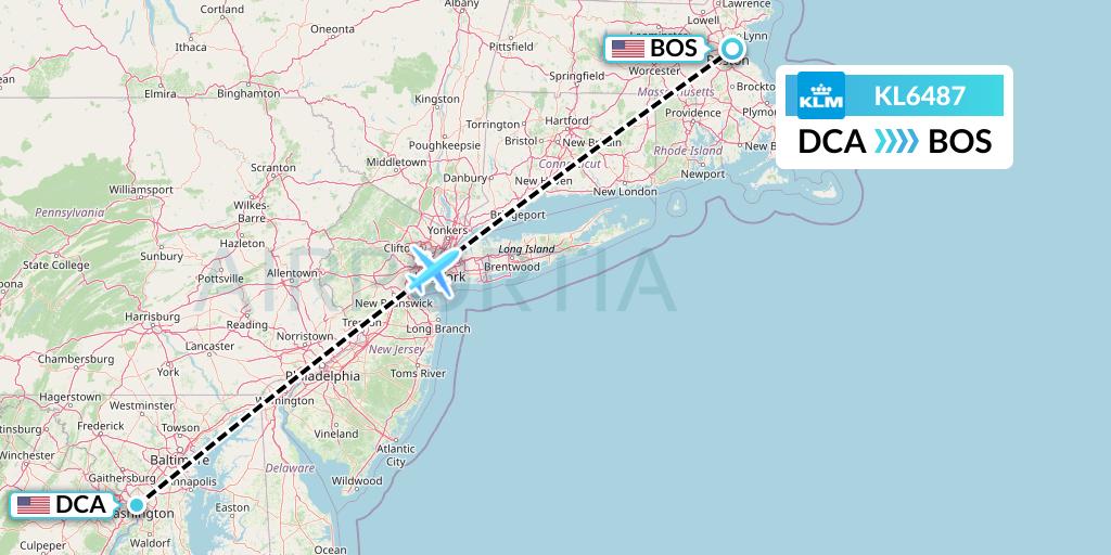KL6487 KLM Flight Map: Washington to Boston
