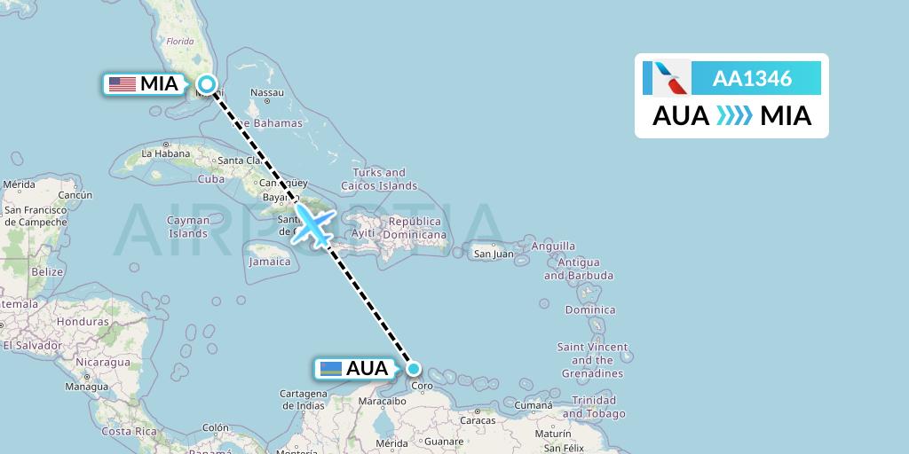AA1346 American Airlines Flight Map: Oranjestad to Miami