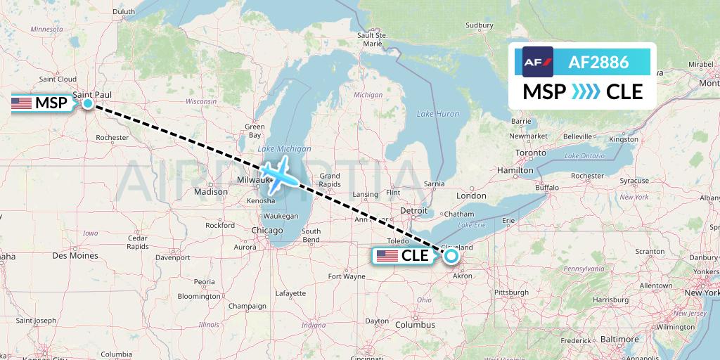 AF2886 Air France Flight Map: Minneapolis to Cleveland