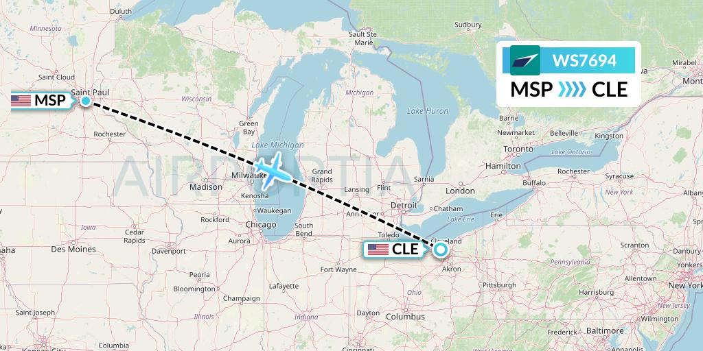 WS7694 WestJet Flight Map: Minneapolis to Cleveland