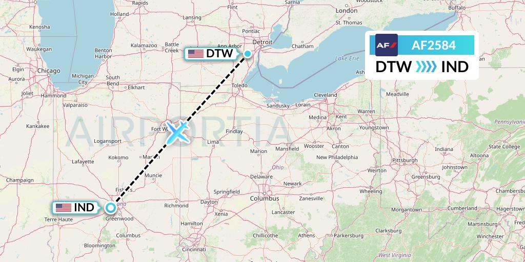 AF2584 Air France Flight Map: Detroit to Indianapolis