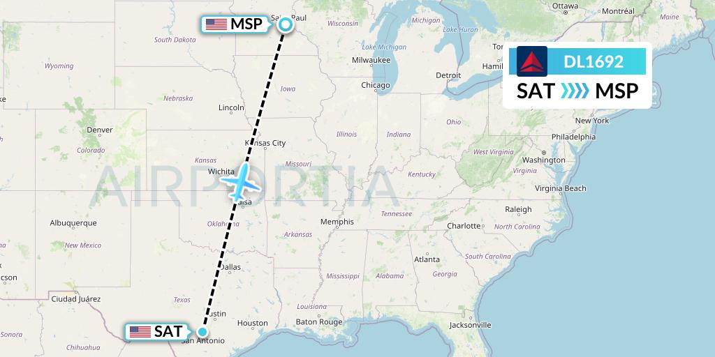 DL1692 Delta Air Lines Flight Map: San Antonio to Minneapolis