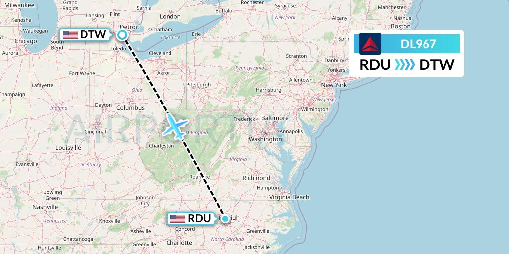 DL967 Delta Air Lines Flight Map: Raleigh-Durham to Detroit
