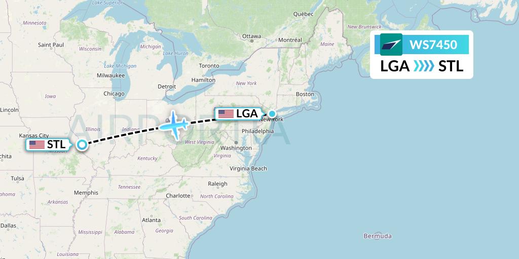 WS7450 WestJet Flight Map: New York to St. Louis